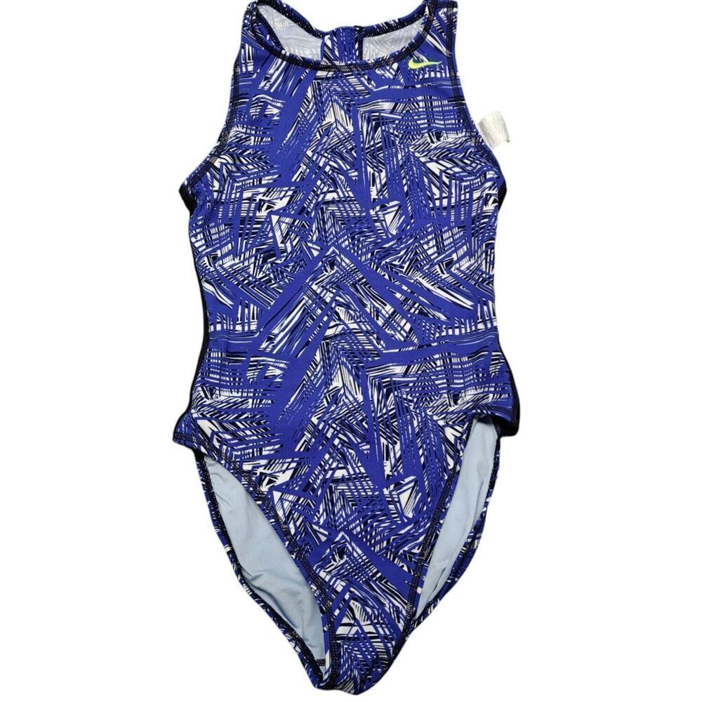 Nike Swimsuit Womens Size 4 One Piece Blue Zipper Back Mesh Side  & Back Panels